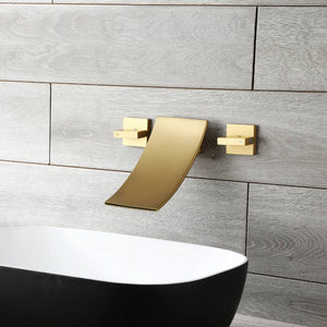 Brushed Gold Wall Mount Waterfall Bathroom Sink Faucet with Overflow Brass Pop-Up Drain