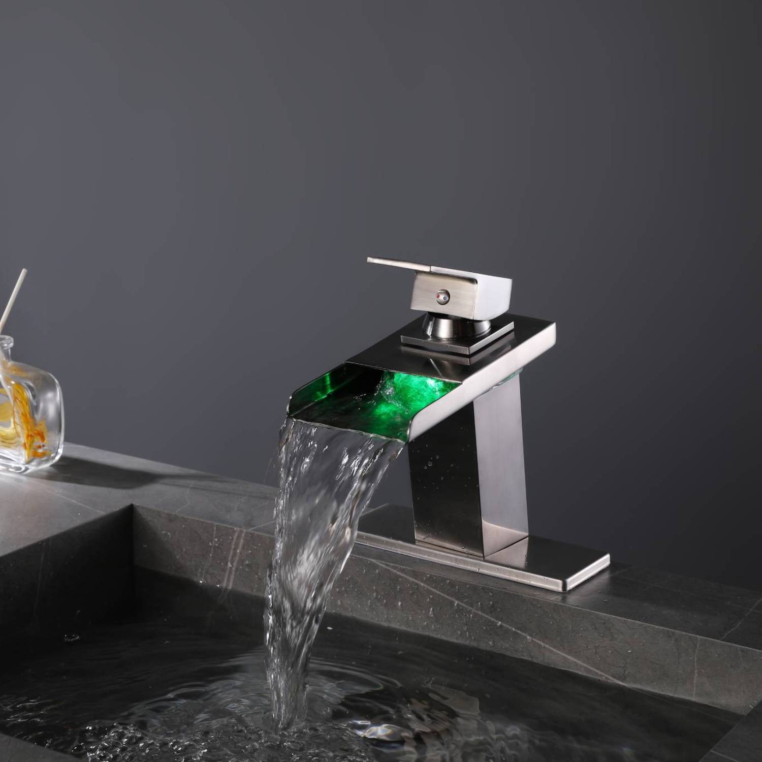 Brushed nickel waterfall 3 LED light single handle brass bathroom faucet with pop up brass drain