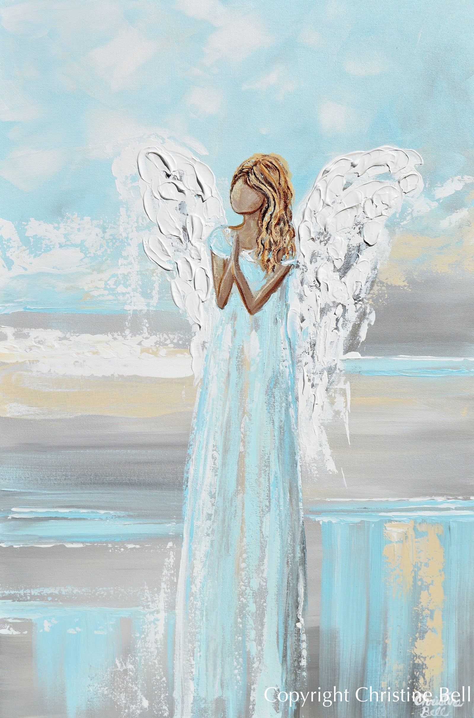 "Prayers of Hope" GICLEE PRINT  Abstract Angel Painting Elegant Guardian Angel Cream White