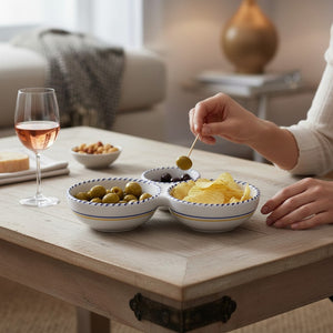 ORVIETO BLUE ROOSTER: Olive Dish Bowl - Relish, Condiments, Olive and Nuts THREE PARTS divided bowl