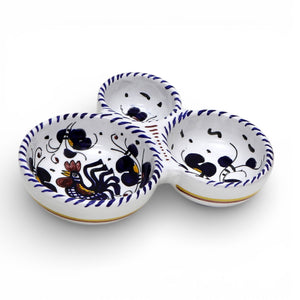 ORVIETO BLUE ROOSTER: Olive Dish Bowl - Relish, Condiments, Olive and Nuts THREE PARTS divided bowl