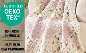 DaDalogy Cotton Patchwork Throw Blanket - Floral Cottage Quilted Reversible Blush Pink & Cream Shabby Chic Botanical Ruffle Design - Vintage Garden Rose Pastel Accents (3031)- 50 x 60