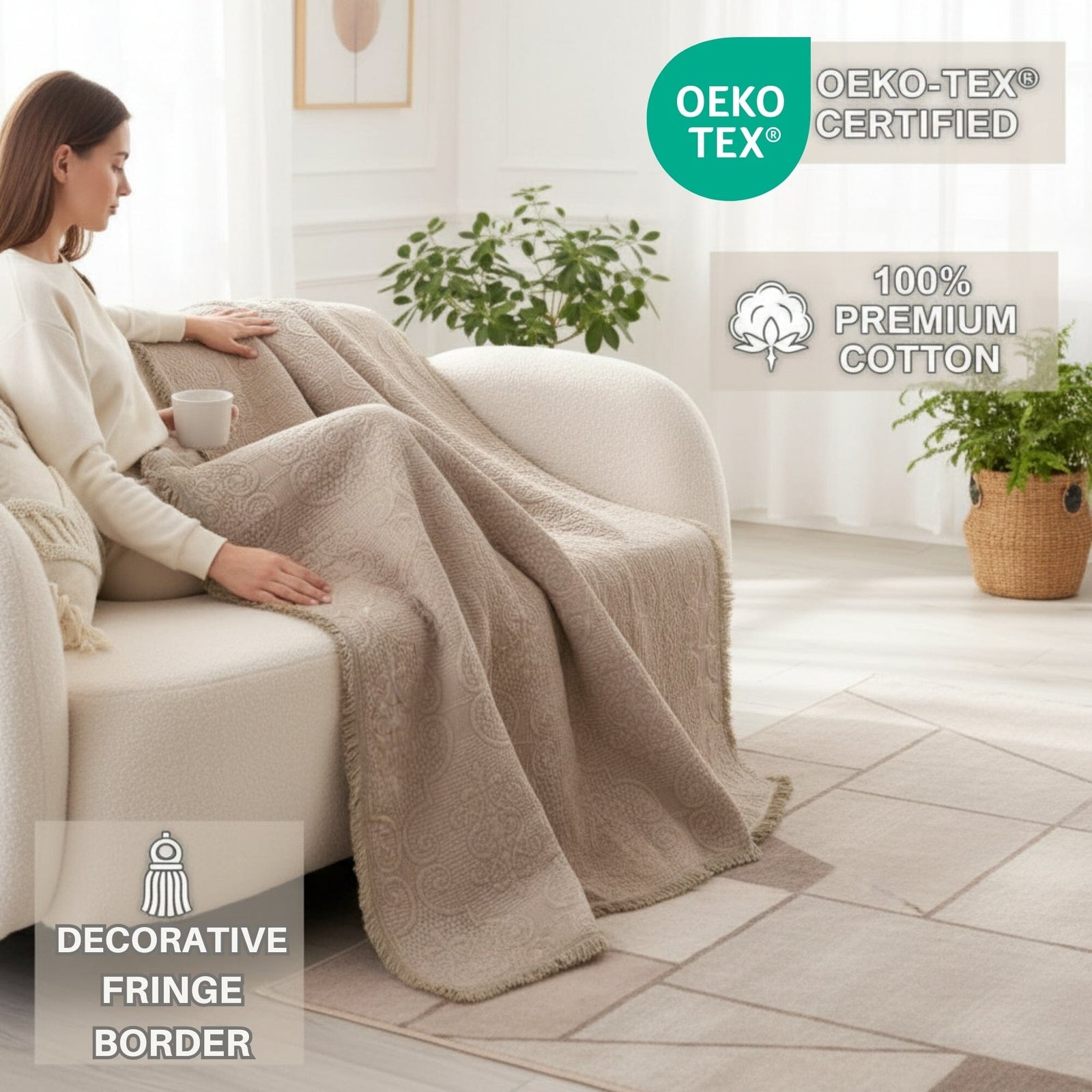 DaDa Bedding Elegant Fringed Cotton Quilted Throw Blanket - Luxurious Solid Soft Paisley Pattern, Cozy Lightweight Lap Throw, Perfect for Couch or Bed, Neutral Sandy Taupe Tan Beige, 50x60 Inches