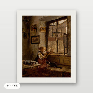 Girl Reading with Cat Art
