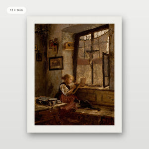 Girl Reading with Cat Art