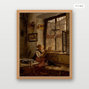 Girl Reading with Cat Art