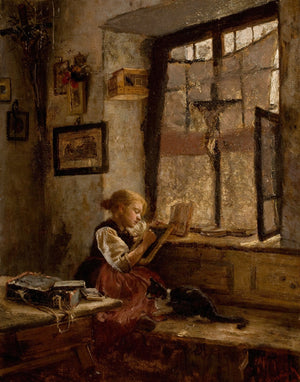 Girl Reading with Cat Art