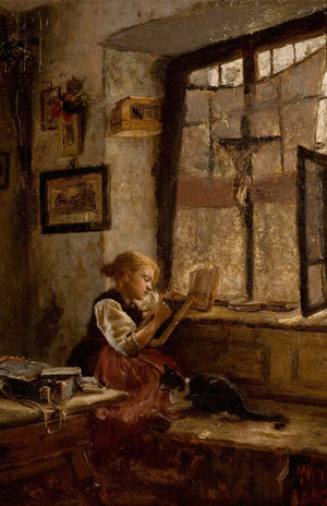Girl Reading with Cat Art