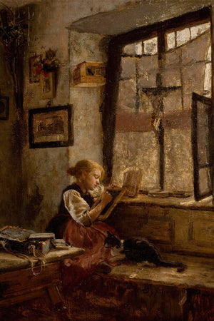 Girl Reading with Cat Art
