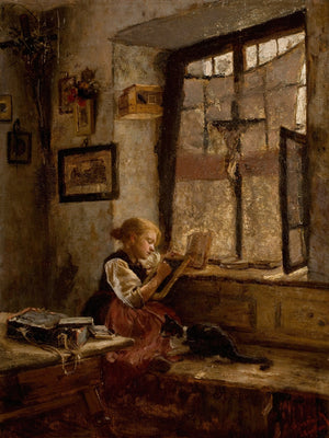 Girl Reading with Cat Art