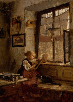 Girl Reading with Cat Art