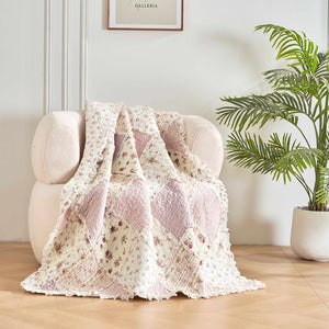 DaDalogy Cotton Patchwork Throw Blanket - Floral Cottage Quilted Reversible Blush Pink & Cream Shabby Chic Botanical Ruffle Design - Vintage Garden Rose Pastel Accents (3031)- 50 x 60