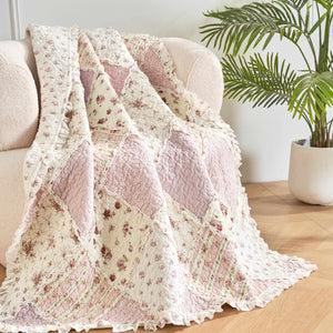 DaDalogy Cotton Patchwork Throw Blanket - Floral Cottage Quilted Reversible Blush Pink & Cream Shabby Chic Botanical Ruffle Design - Vintage Garden Rose Pastel Accents (3031)- 50 x 60