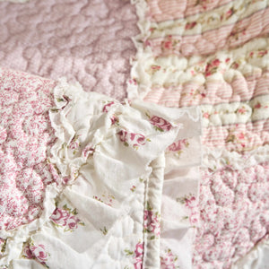 DaDalogy Cotton Patchwork Throw Blanket - Floral Cottage Quilted Reversible Blush Pink & Cream Shabby Chic Botanical Ruffle Design - Vintage Garden Rose Pastel Accents (3031)- 50 x 60