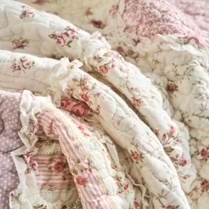 DaDalogy Cotton Patchwork Throw Blanket - Floral Cottage Quilted Reversible Blush Pink & Cream Shabby Chic Botanical Ruffle Design - Vintage Garden Rose Pastel Accents (3031)- 50 x 60