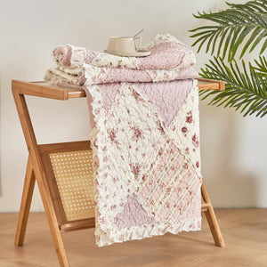 DaDalogy Cotton Patchwork Throw Blanket - Floral Cottage Quilted Reversible Blush Pink & Cream Shabby Chic Botanical Ruffle Design - Vintage Garden Rose Pastel Accents (3031)- 50 x 60