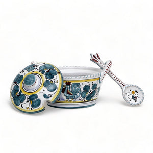 ORVIETO GREEN ROOSTER: Covered Parmesan Cheese Bowl with Spoon
