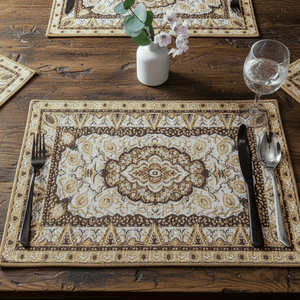 DaDa Bedding Set of 4-6 Pieces Royal Persian Style Rug Golden Brown Floral Tapestry Placemats 13” x 19” (18119)