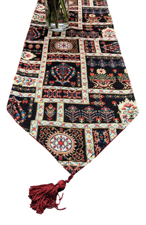 DaDalogy Bedding Elegant Woven Mughal Floral Tapestry Table Runner, Dark Noir Botanical Vintage Fleur (18197)