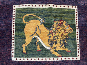 3 X 5 Handmade Rug Zagros Mountain Wool Tribal Rug Lion Purple Green Pictorial