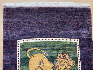 3 X 5 Handmade Rug Zagros Mountain Wool Tribal Rug Lion Purple Green Pictorial