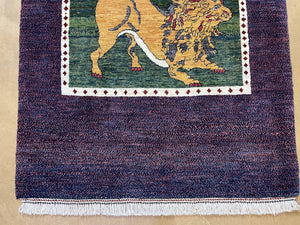3 X 5 Handmade Rug Zagros Mountain Wool Tribal Rug Lion Purple Green Pictorial