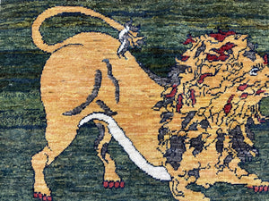 3 X 5 Handmade Rug Zagros Mountain Wool Tribal Rug Lion Purple Green Pictorial