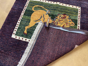 3 X 5 Handmade Rug Zagros Mountain Wool Tribal Rug Lion Purple Green Pictorial