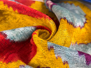 Yellow & Blue Ikat Silk Velvet Pillow – 16x16” | Handmade Luxe