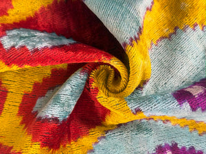 Yellow & Blue Ikat Silk Velvet Pillow – 16x16” | Handmade Luxe