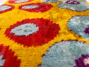 Yellow & Blue Ikat Silk Velvet Pillow – 16x16” | Handmade Luxe