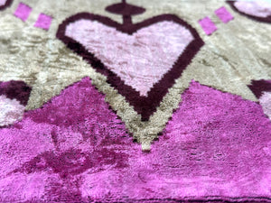 Blush & Magenta Heart Ikat Pillow – 16x16” Silk Velvet Handmade