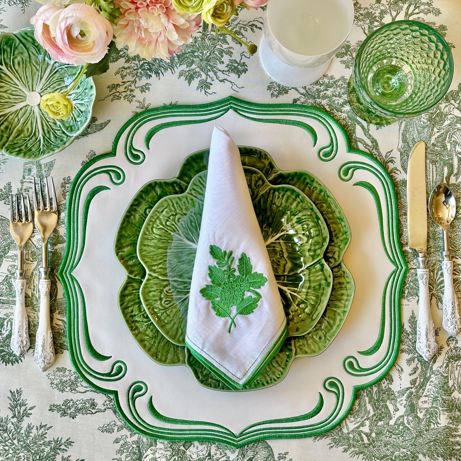 ROYAL WHITE GREEN TRIM SQUARE FAUX LEATHER PLACEMAT (Set Of 4) - Set of 4