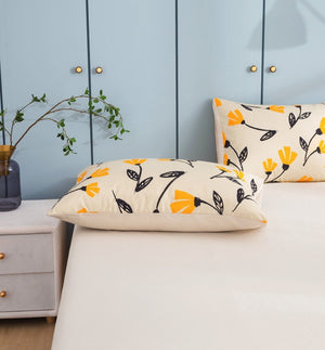 DaDa Bedding Yellow Fleur Golden Orange Botanical Ivory Duvet Cover & Fitted Flat Bed Sheets Set w/ Pillow Cases Window Valances (18112)