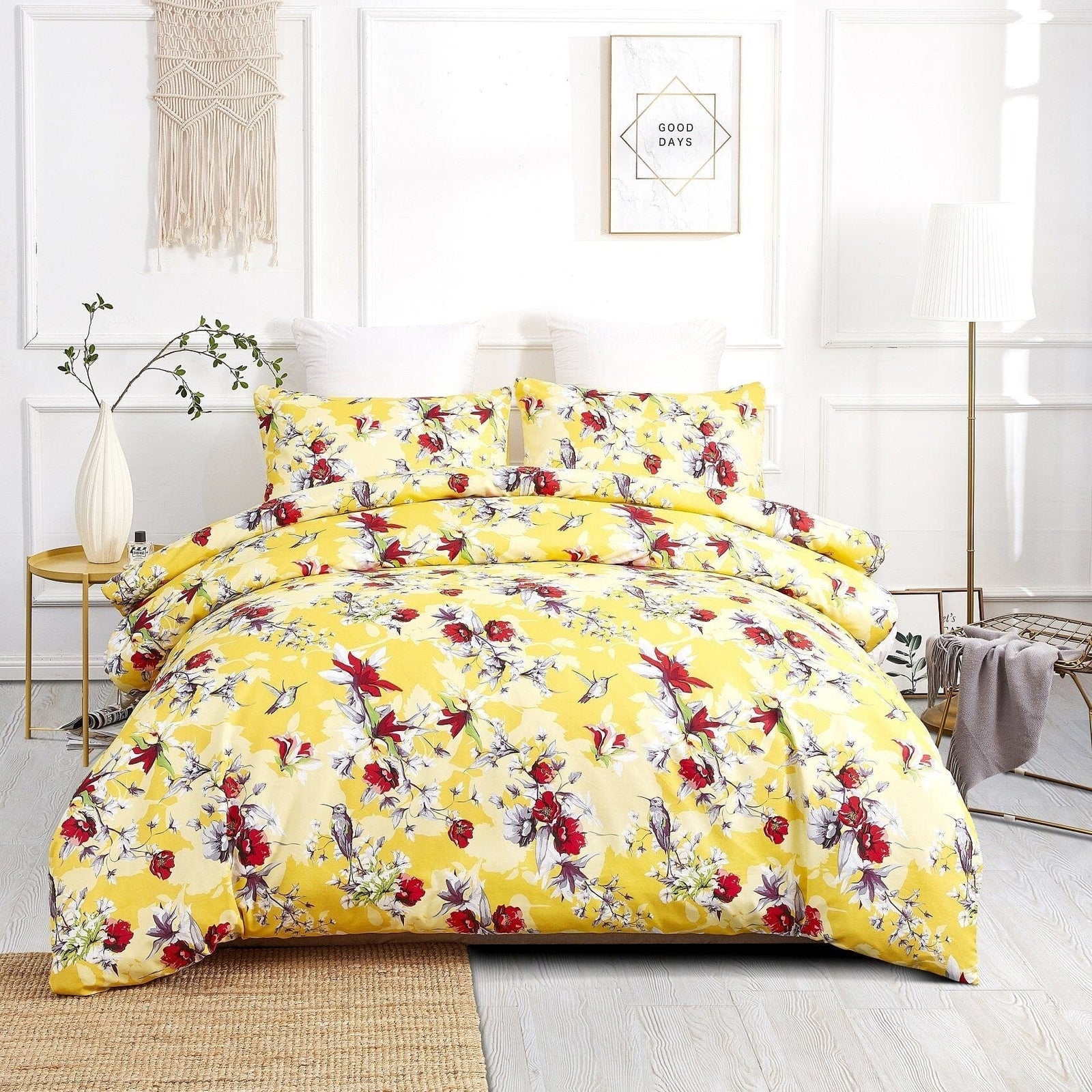 DaDa Bedding Sunshine Yellow Hummingbirds Floral Duvet Cover & Fitted Flat Bed Sheets Set w/ Pillow Cases Window Valances (925)