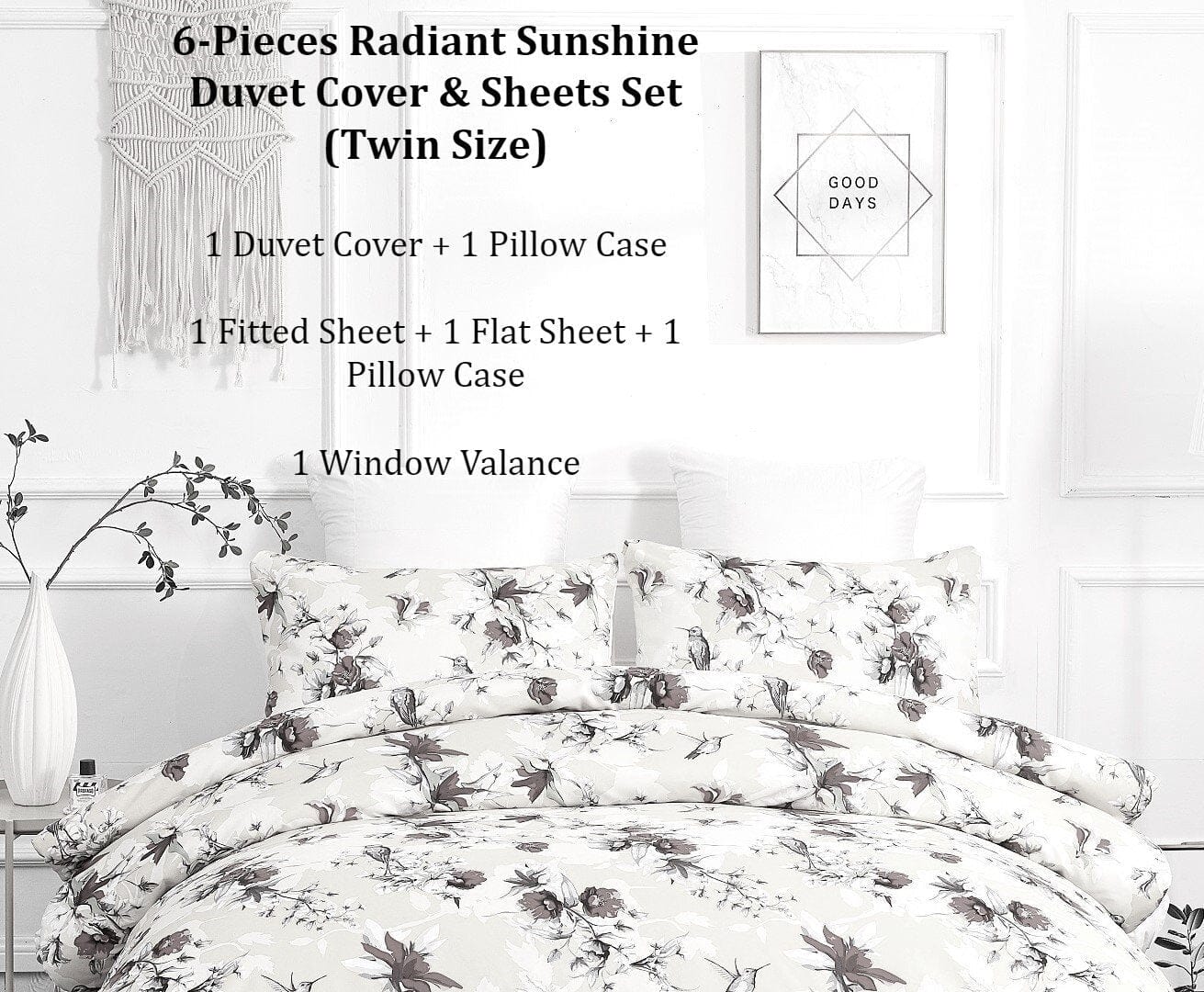 DaDa Bedding Yellow Hummingbird Duvet Cover, Sheets & Valance Set - Twin