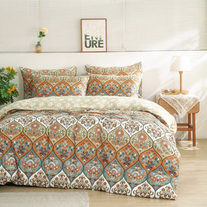 DaDalogy Bedding Bohemian Duvet Cover w/Pillow Cases - Reversible Coral Teal Floral Paisley Botanical Garden Party - Bright Vibrant Multi-Colorful Blue Salmon Pink