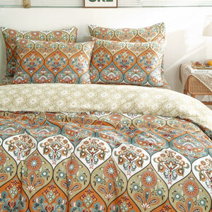 DaDalogy Bedding Bohemian Duvet Cover w/Pillow Cases - Reversible Coral Teal Floral Paisley Botanical Garden Party - Bright Vibrant Multi-Colorful Blue Salmon Pink