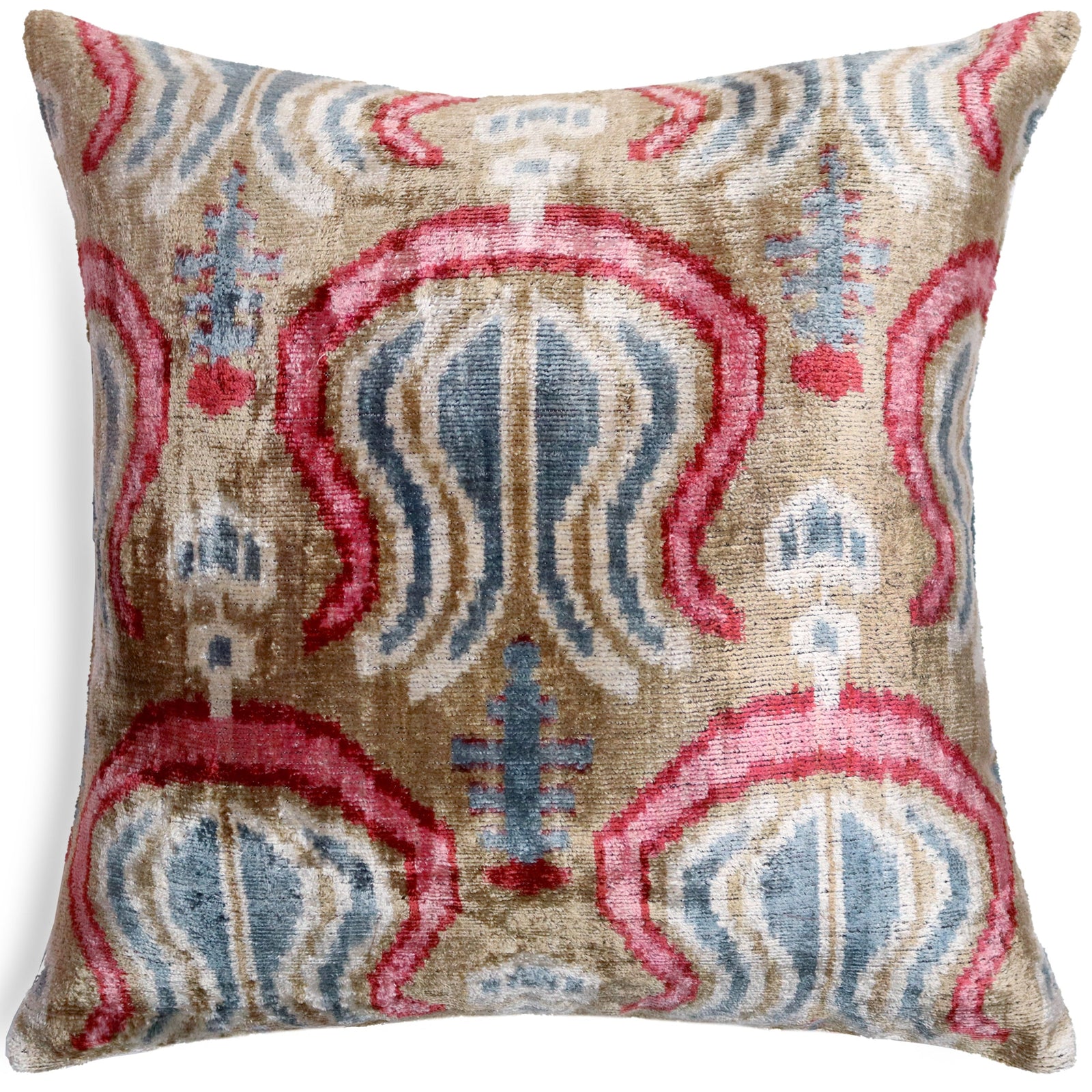 Taupe Blue Red Silk Velvet Pillow – 20x20 Handmade Ikat Luxury Cushion