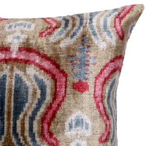 Taupe Blue Red Silk Velvet Pillow – 20x20 Handmade Ikat Luxury Cushion