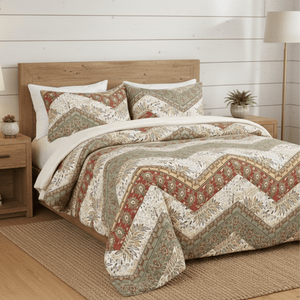 DaDa Bedding Botanical Cranberry Sage Chevron Floral Duvet Cover Set w/ Pillow Cases (JHW-924)
