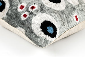 Handmade 16x16 Velvet Throw Pillow – Gray, Blue, Black, and Red Geometric Pattern with Down Insert for Modern Decor