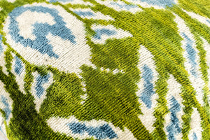 Handmade 16x16 Velvet Throw Pillow – Green, Blue, and White Ikat Pattern with Down Insert for Boho-Chic Deco