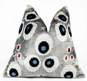 Handmade 16x16 Velvet Throw Pillow – Gray, Blue, Black, and Red Geometric Pattern with Down Insert for Modern Decor