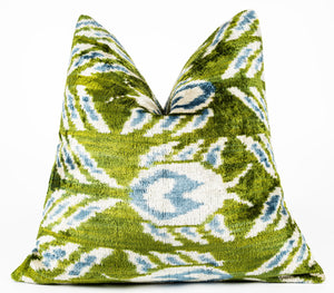 Handmade 16x16 Velvet Throw Pillow – Green, Blue, and White Ikat Pattern with Down Insert for Boho-Chic Deco