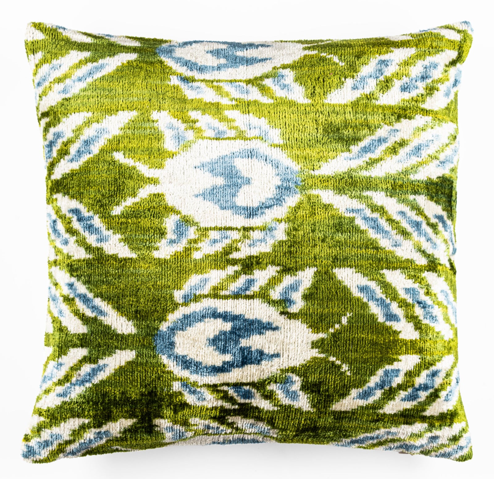 Handmade 16x16 Velvet Throw Pillow – Green, Blue, and White Ikat Pattern with Down Insert for Boho-Chic Deco