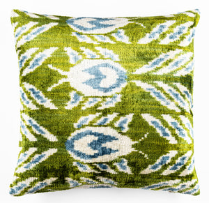 Handmade 16x16 Velvet Throw Pillow – Green, Blue, and White Ikat Pattern with Down Insert for Boho-Chic Deco