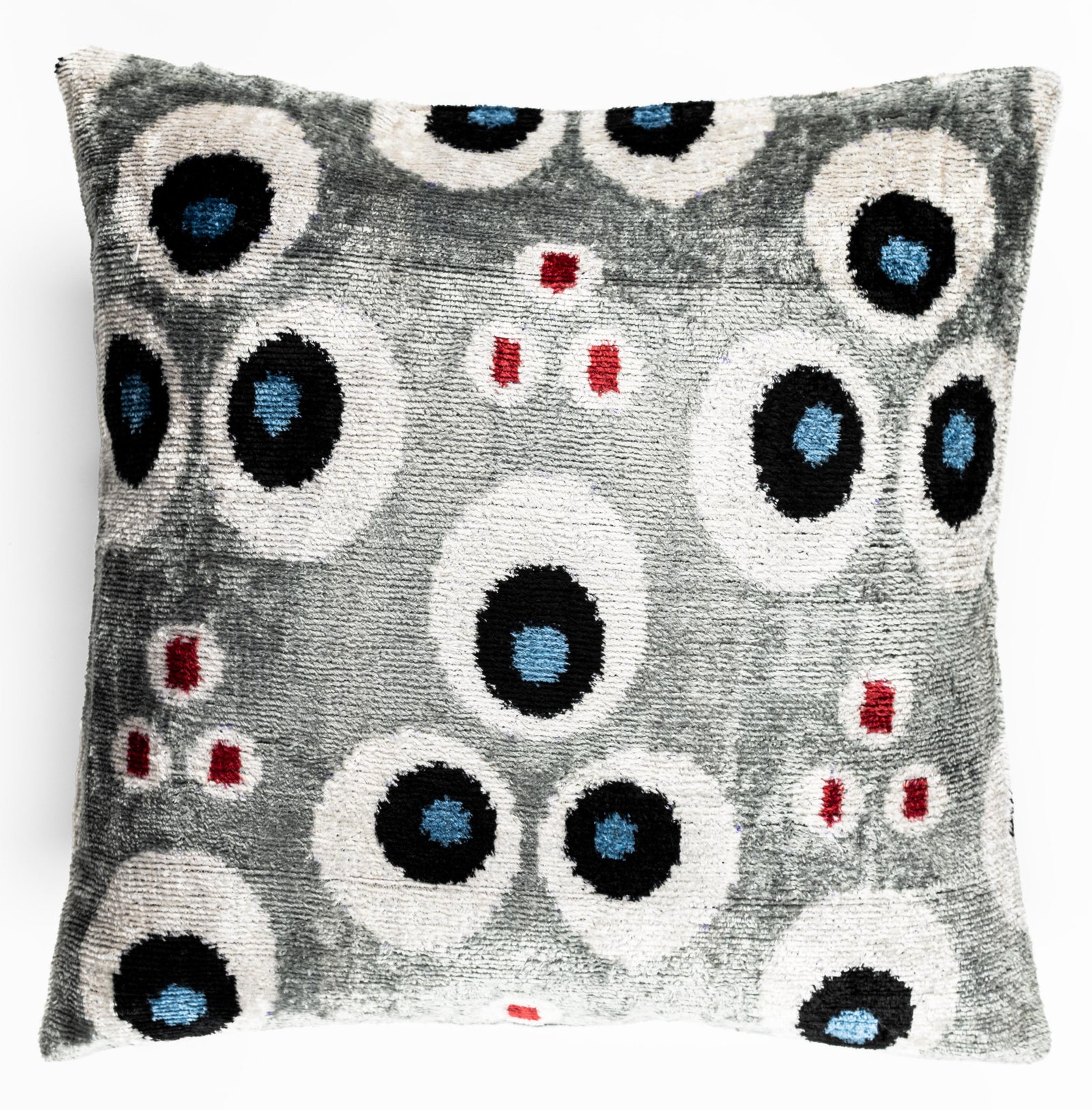 Handmade 16x16 Velvet Throw Pillow – Gray, Blue, Black, and Red Geometric Pattern with Down Insert for Modern Decor