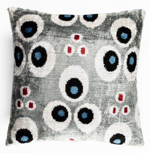 Handmade 16x16 Velvet Throw Pillow – Gray, Blue, Black, and Red Geometric Pattern with Down Insert for Modern Decor