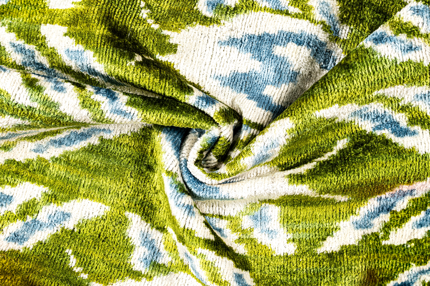 Handmade 16x16 Velvet Throw Pillow – Green, Blue, and White Ikat Pattern with Down Insert for Boho-Chic Deco